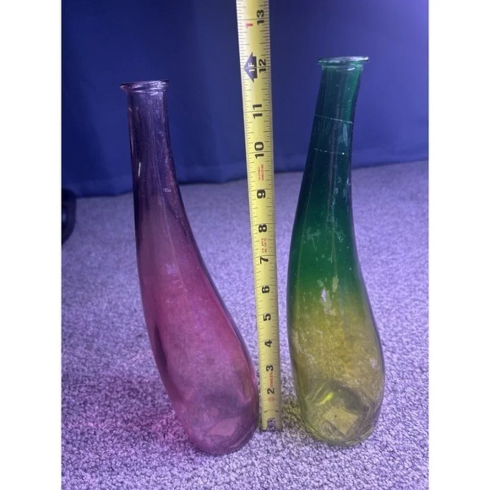 PAIR 2pc Long Flute Glass Vases Pink Green Craft Birthday Spring Colorful Tinted
